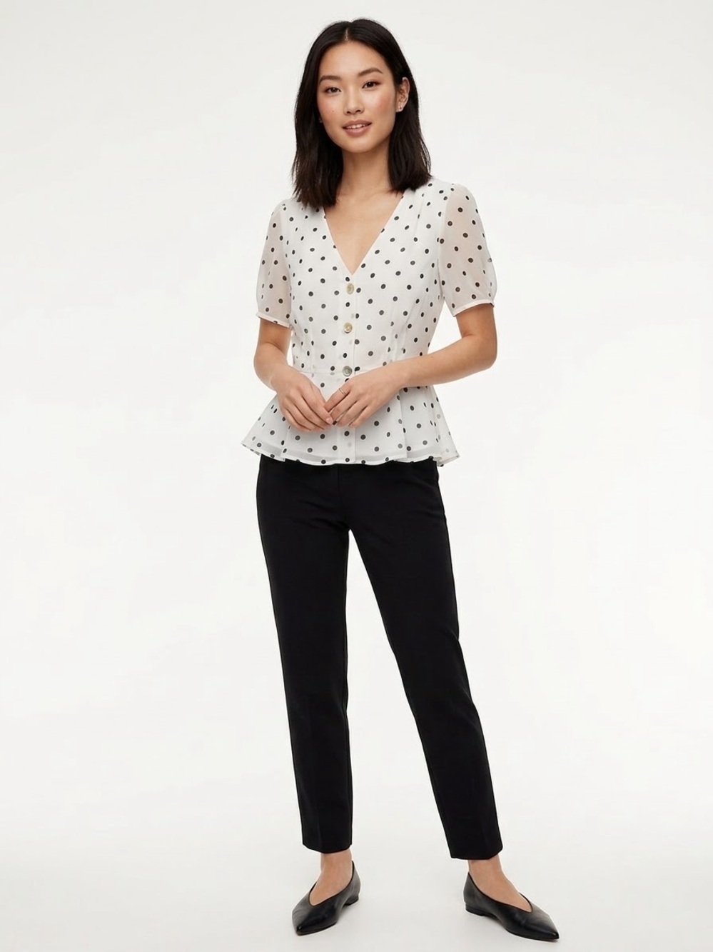 Aritzia Wilfred Polka Dot Button Front Peplum Blouse Sheer Puff Sleeve Top